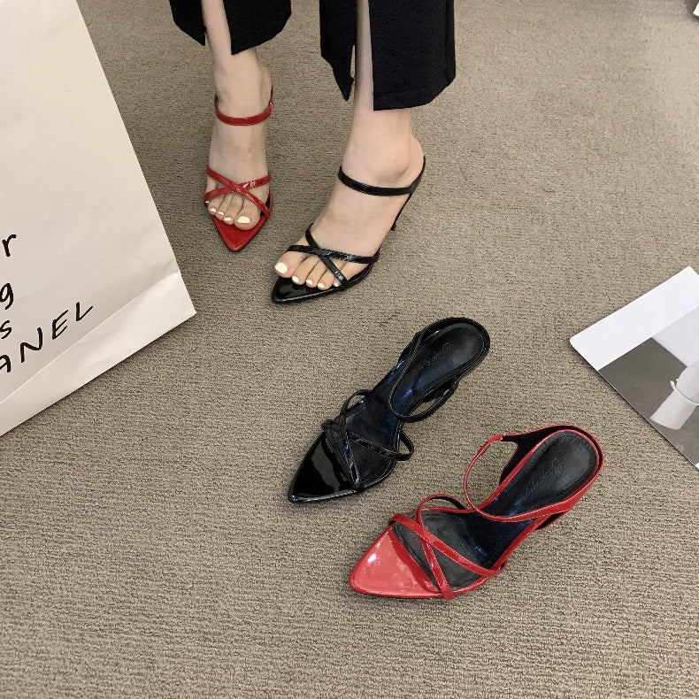 Weinrote Stiletto-Sandalen mit Fischmaul-Zehenpartie – Bild 9 | LuxeStyle
