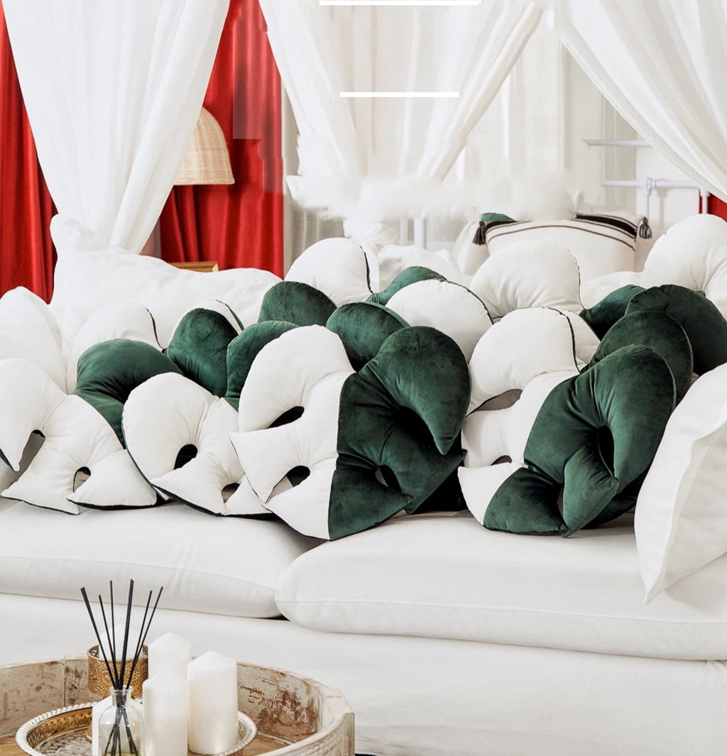 Monstera Kissen, weiss, Brokat