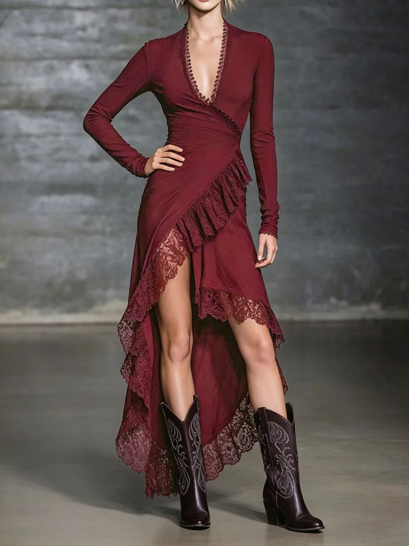 A-Linien-Kleid mit V-Ausschnitt und Spitze – Bild 6 | LuxeStyle