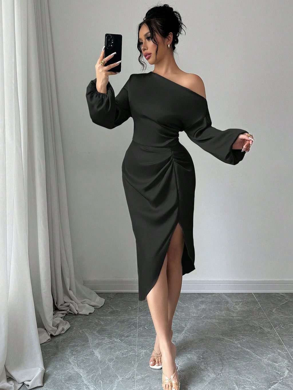 Elegantes Off-Shoulder Midi-Kleid mit Puffärmeln – Bild 4 | LuxeStyle
