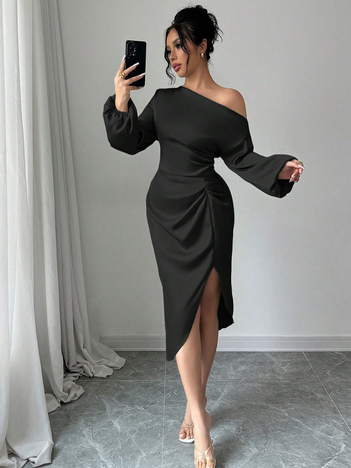 Elegantes Off-Shoulder Midi-Kleid mit Puffärmeln – Bild 7 | LuxeStyle