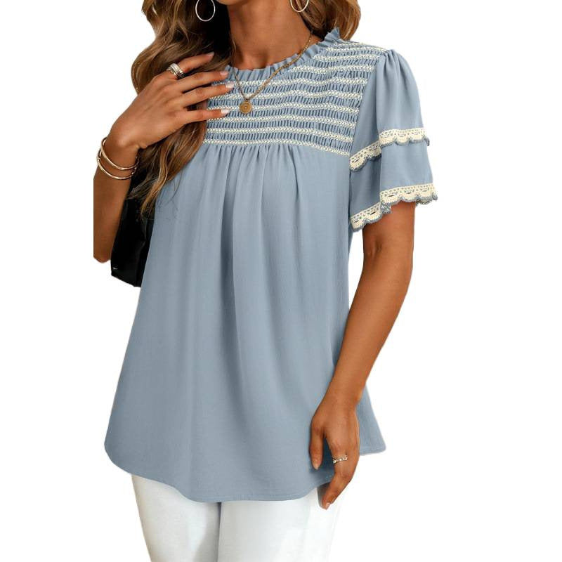 Rüschenbluse mit Rundhals und kurzen Ärmeln – Ansicht 6