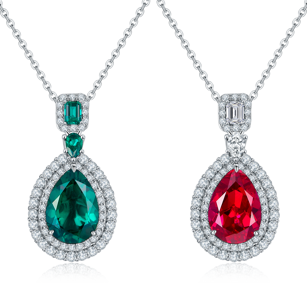 Edelstein-Halskette «Rubin & Smaragd» · 925 Silber Doppel-Halo