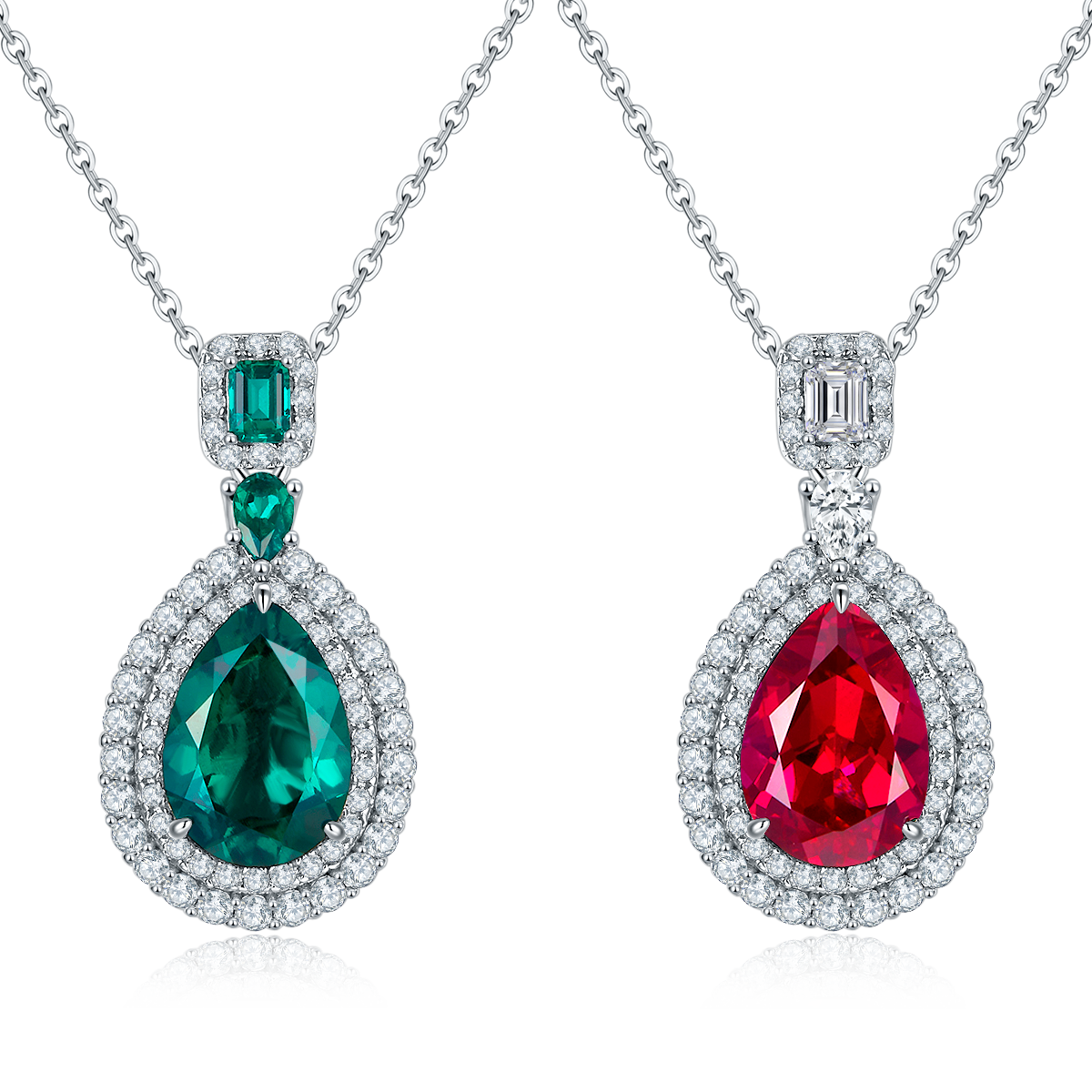 Edelstein-Halskette «Rubin & Smaragd» · 925 Silber Doppel-Halo