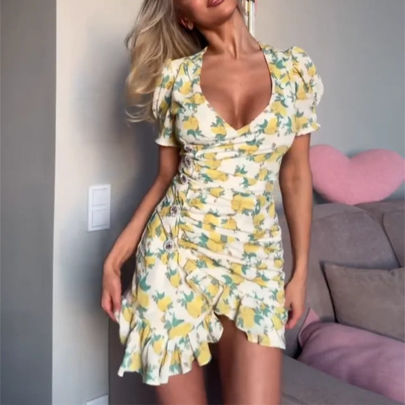 V-Ausschnitt Rüschenkleid mit Print – Bild 4 | LuxeStyle