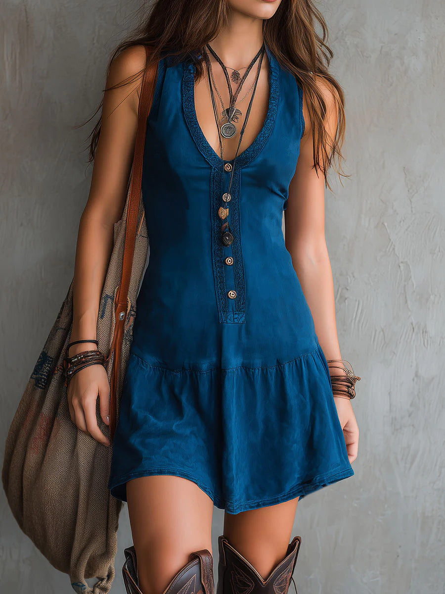 Boho-Kleid «Indigo» · Ärmellos mit Knopfleiste & Volant