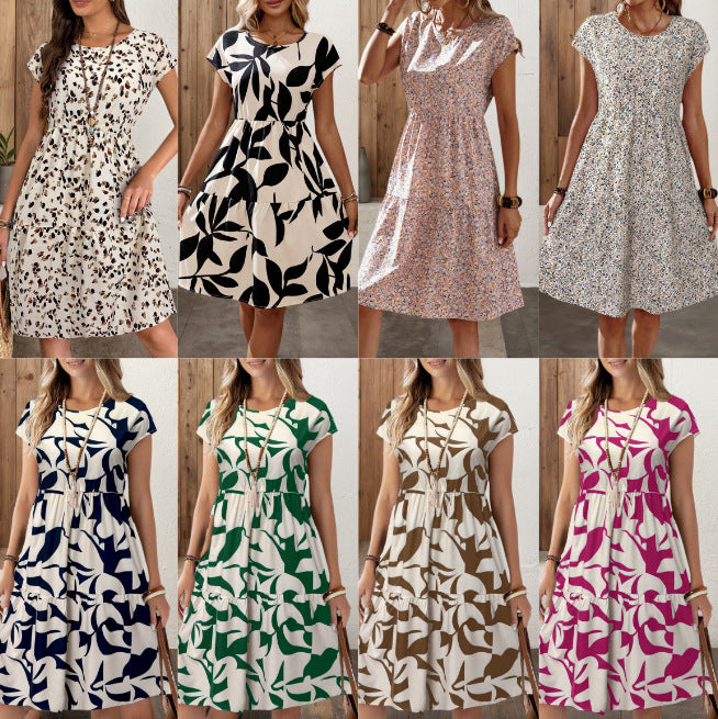 Rundhals Blumenprint Kleid Kurzarm