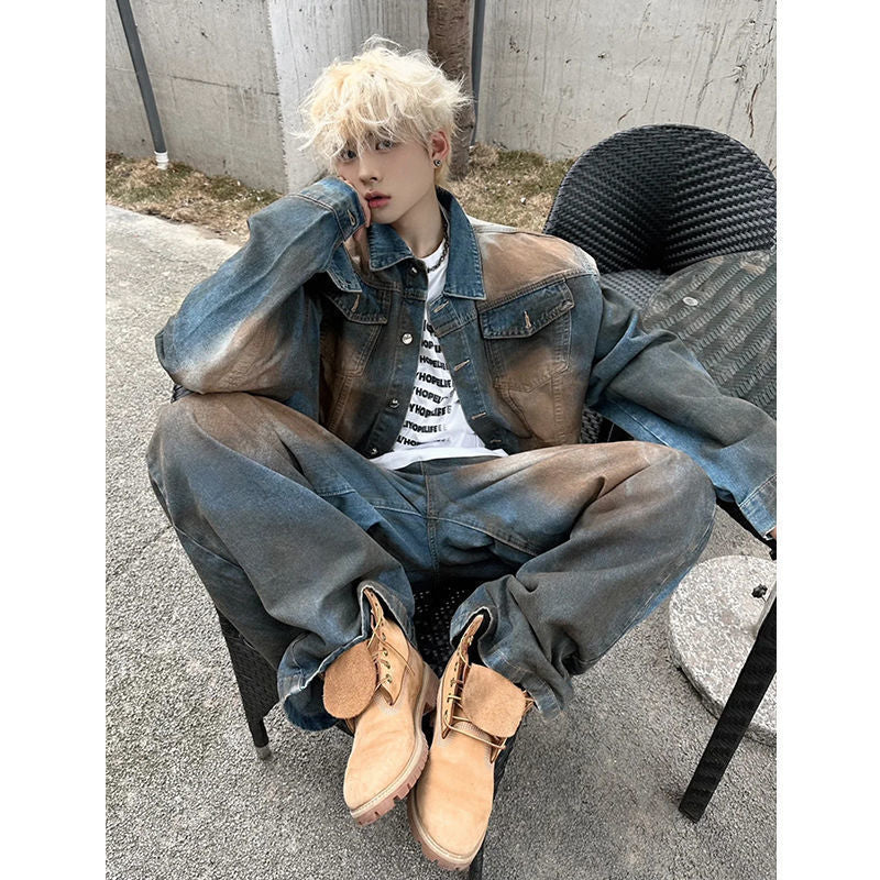 Retro Distressed Denim-Jacke mit Schulterpolstern