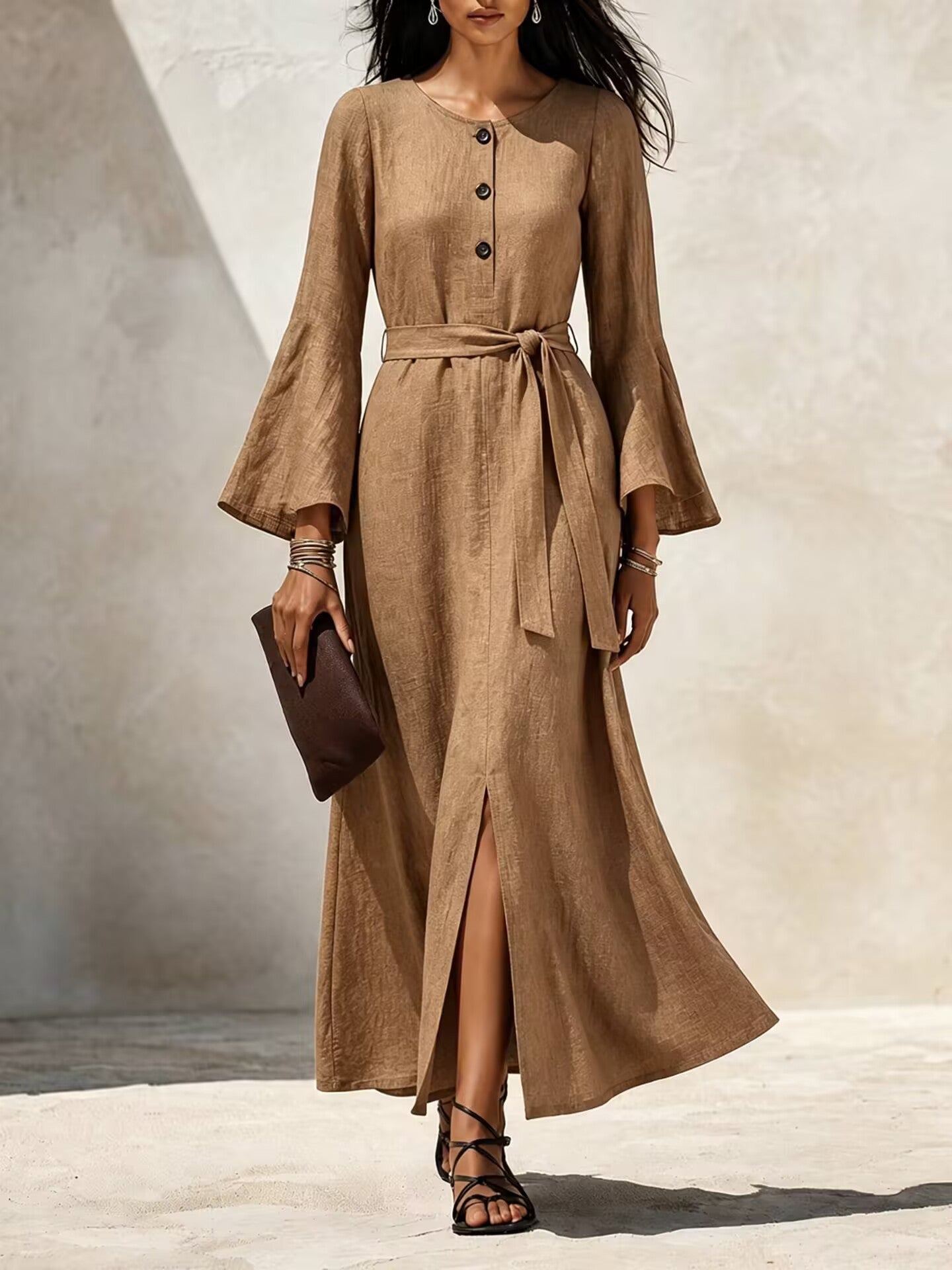 Damen Casual Leinenkleid mit ausgestellten Ärmeln