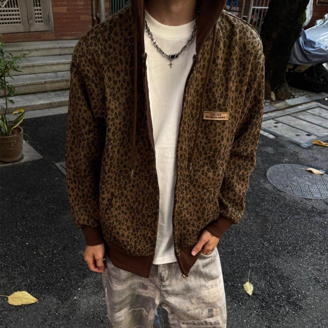 Retro Leopard-Print Cardigan mit Kapuze