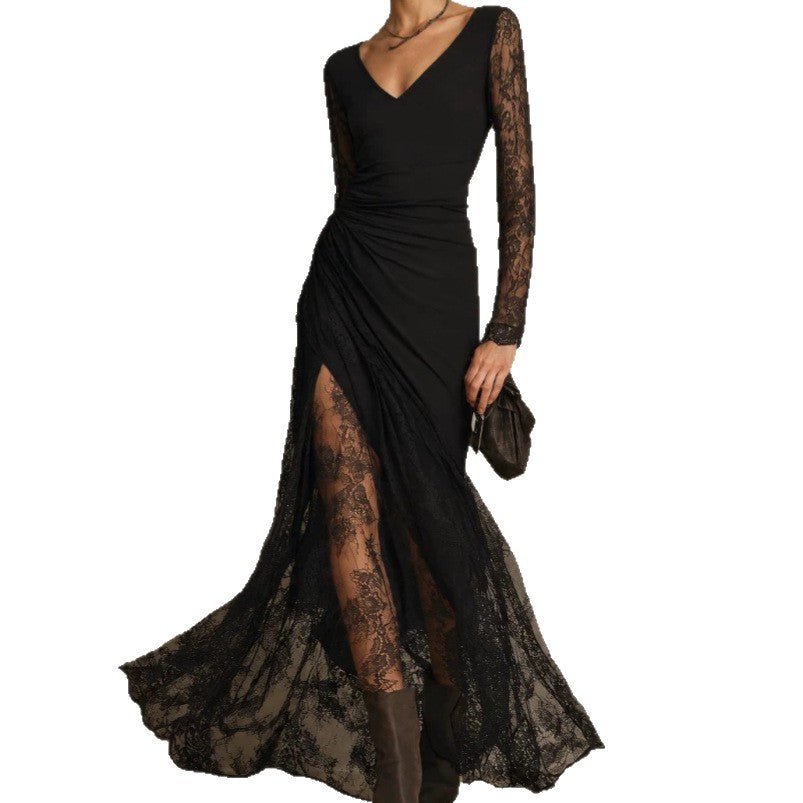 Schwarzes Maxi-Kleid mit Spitze | LuxeStyle