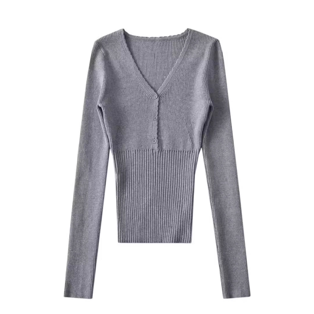 V-Ausschnitt Langarm-Strick-Top – Bild 2 | LuxeStyle