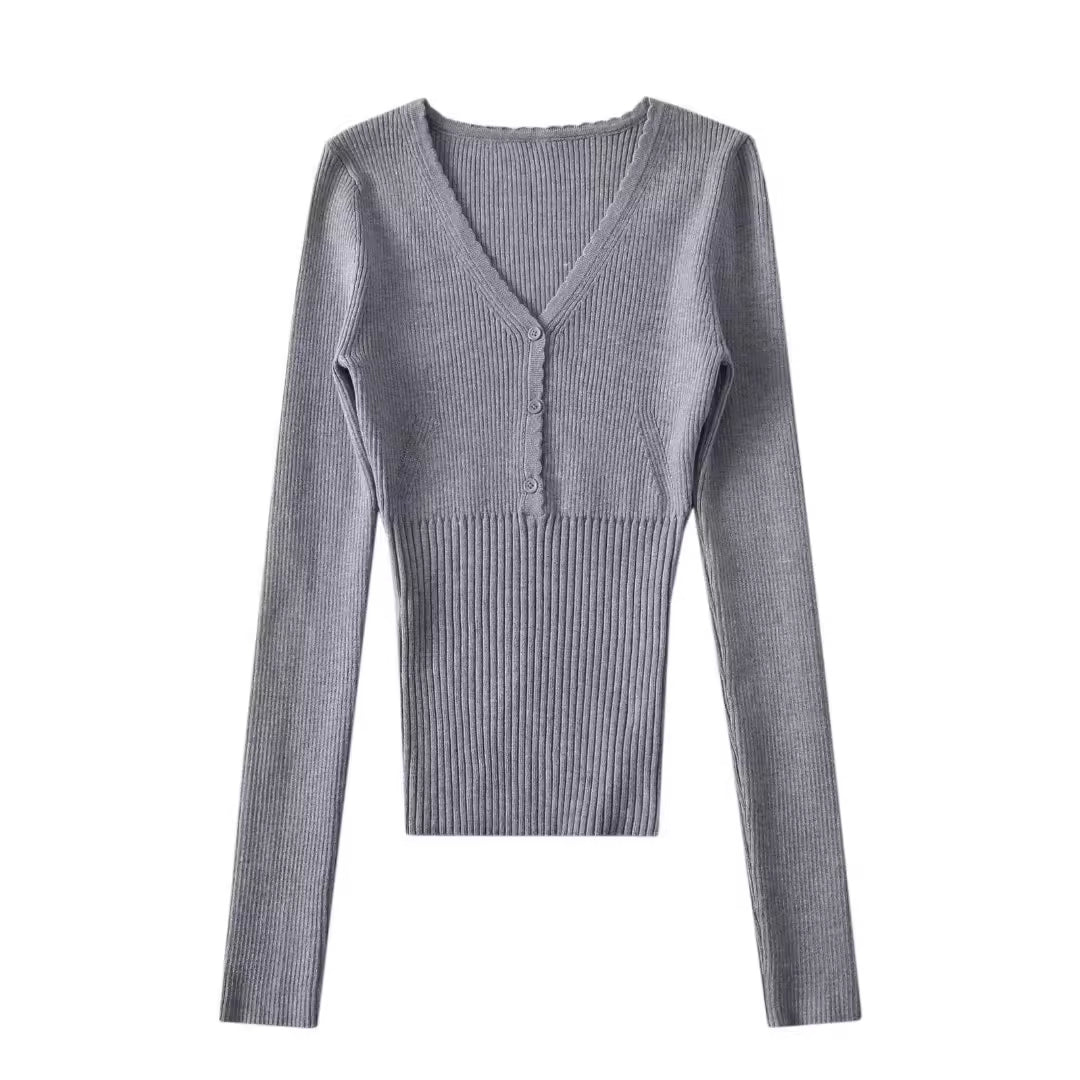 V-Ausschnitt Langarm-Strick-Top – Bild 2 | LuxeStyle