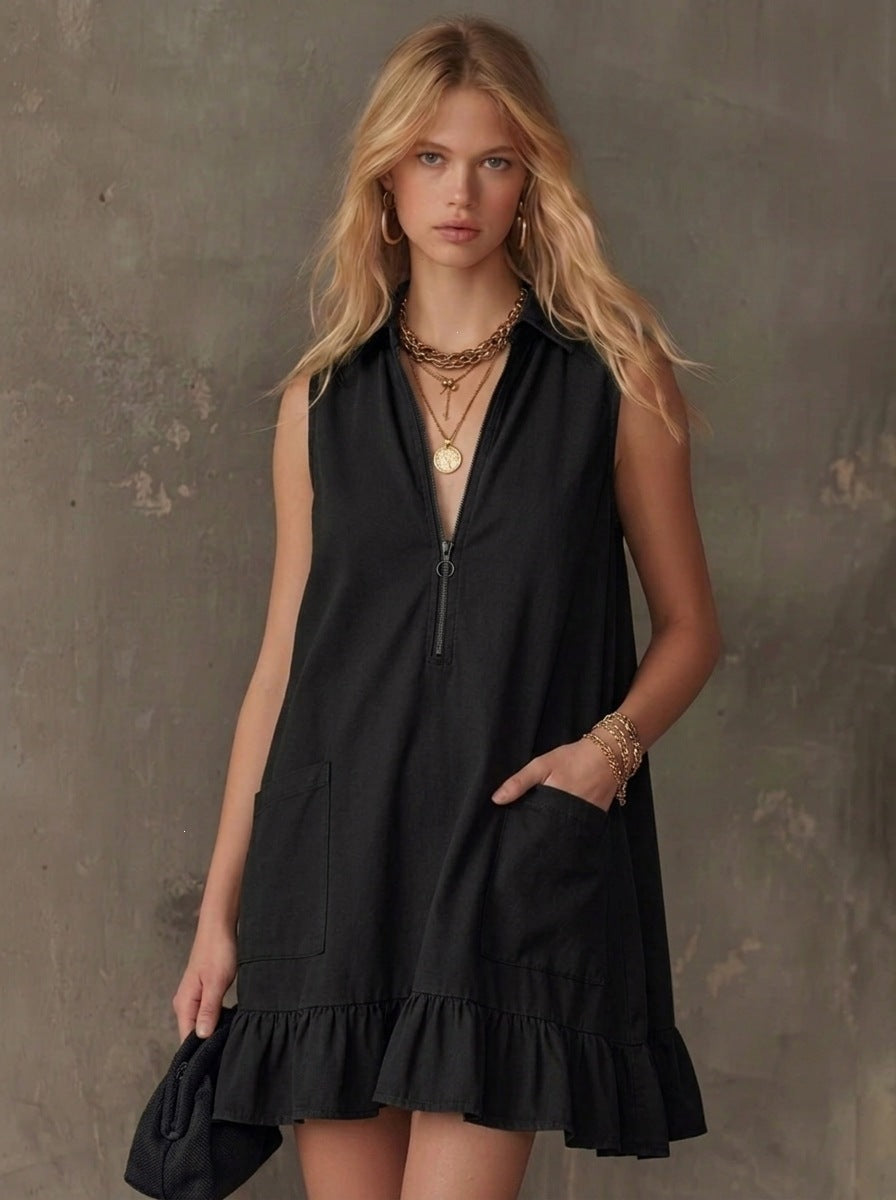 Ärmelloses V-Neck Rüschenkleid mit Taschen – Bild 5 | LuxeStyle