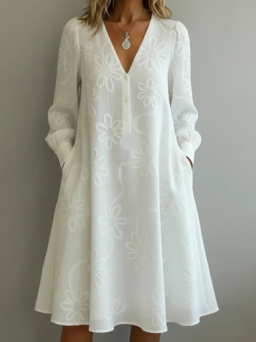 Elegantes Vintage Blumenstickerei V-Neck Kleid