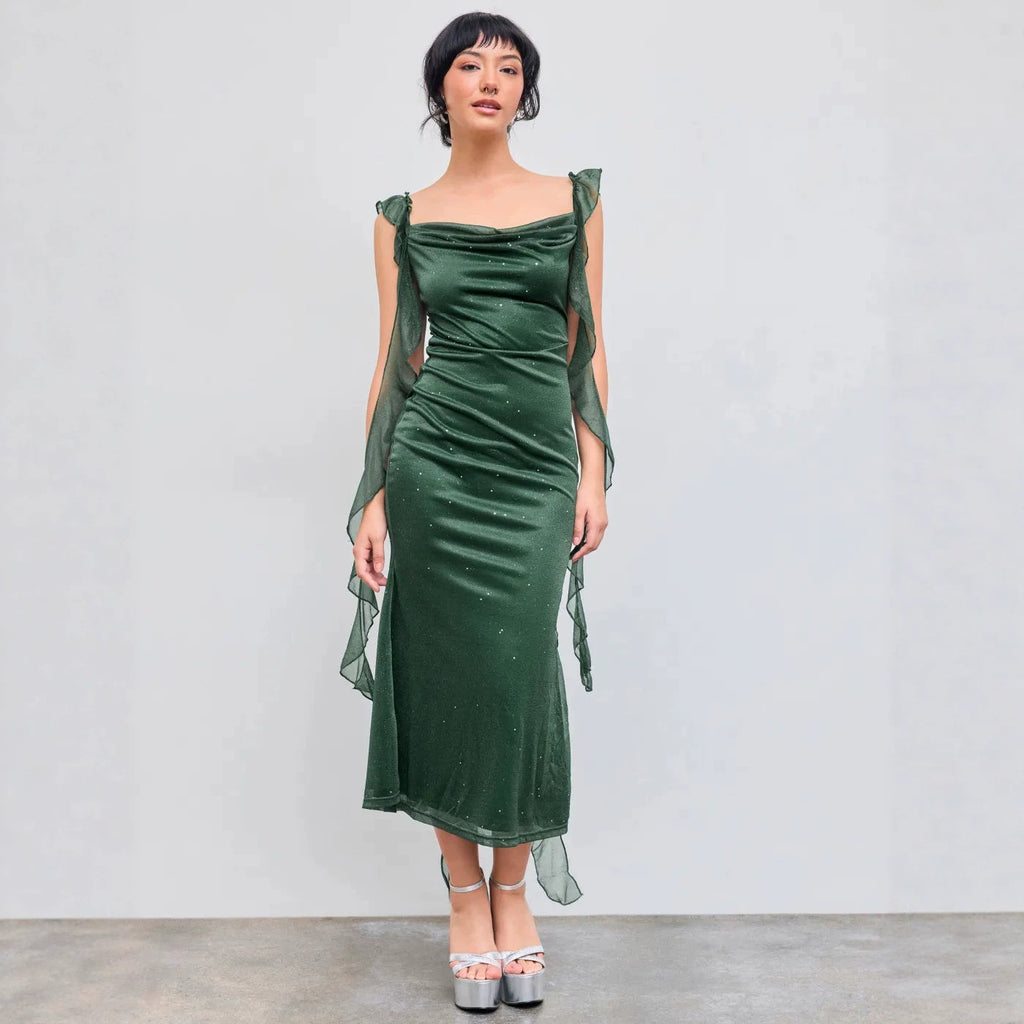Pailletten Mesh Maxikleid mit Rüschen