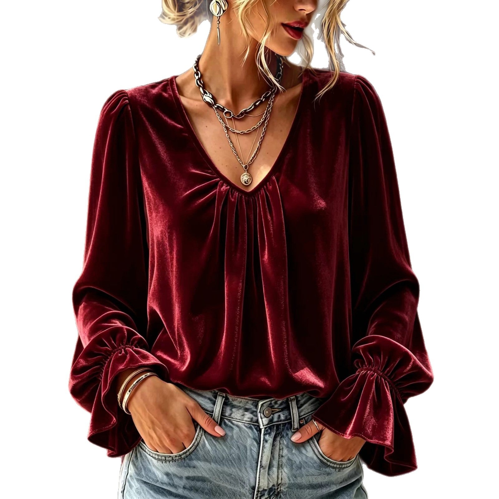 Samtiges V-Neck Langarmshirt mit Falten