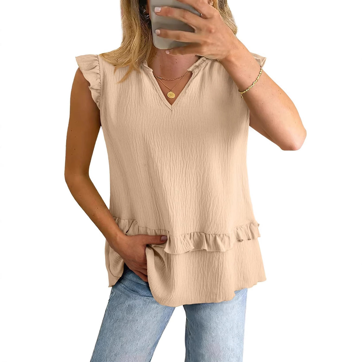 Damen V-Ausschnitt Shirt mit Rüschensaum – Bild 7 | LuxeStyle