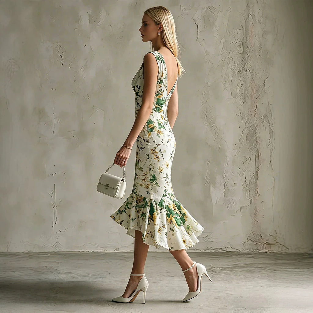 Ärmelloses V-Neck Blumenkleid mit Rüschen | LuxeStyle