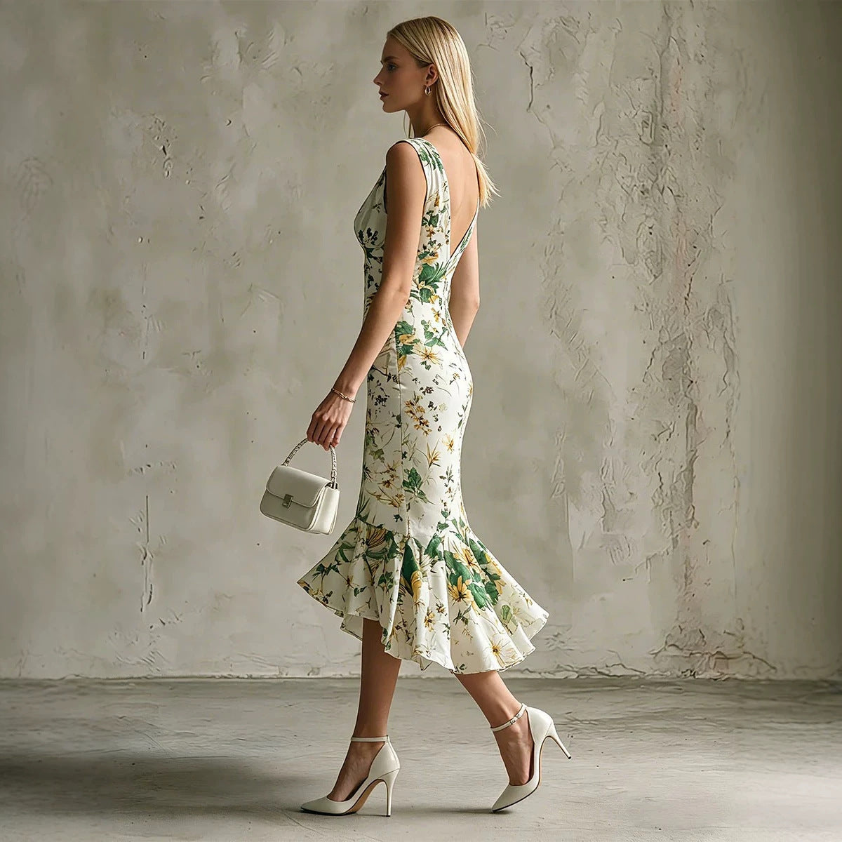 Ärmelloses V-Neck Blumenkleid mit Rüschen | LuxeStyle