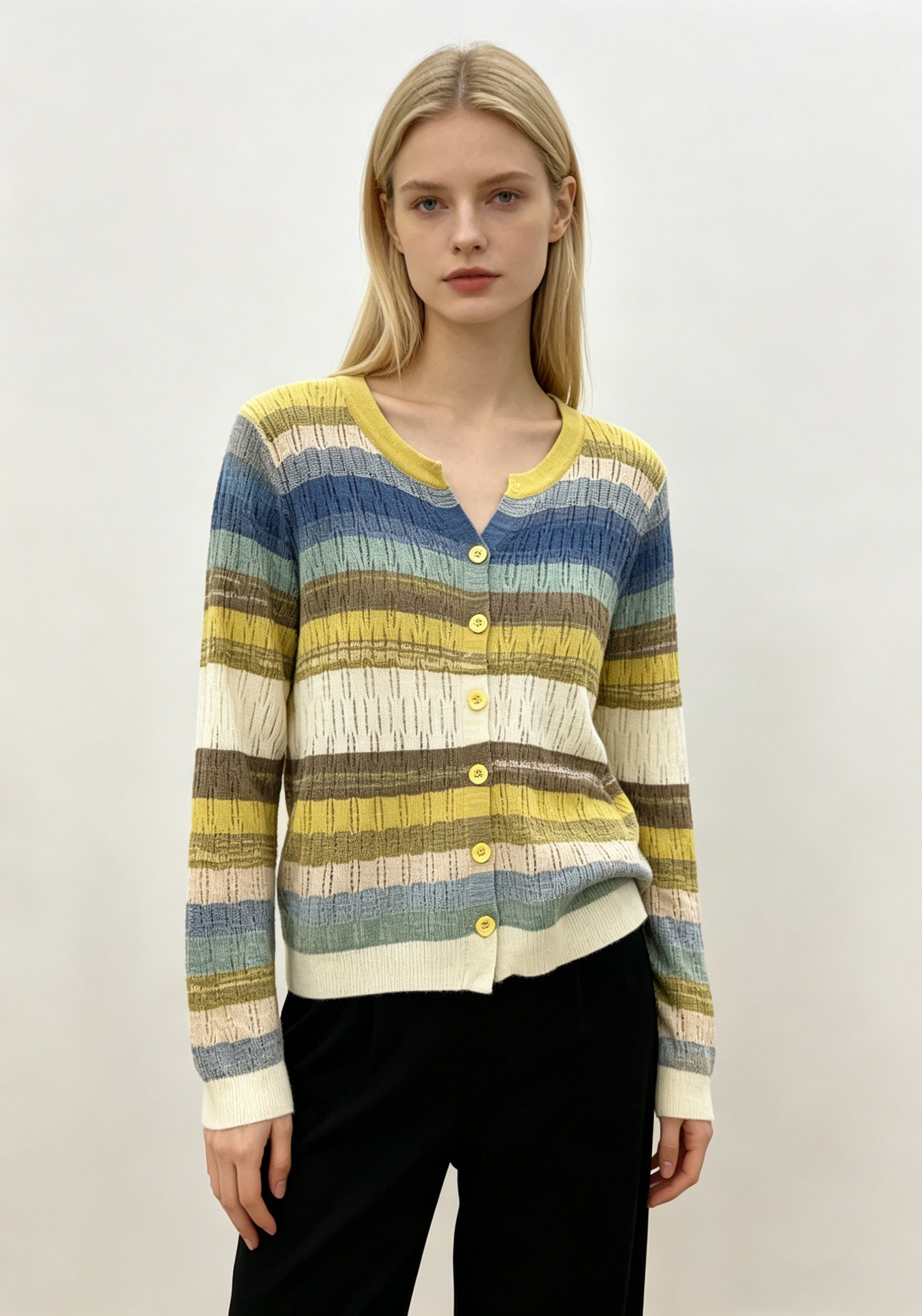 V-Neck Strick-Cardigan mit Farbblock-Streifen