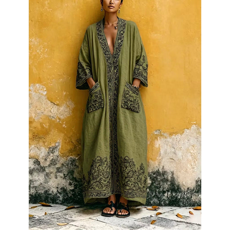Langes Vintage Leinenkleid mit Print