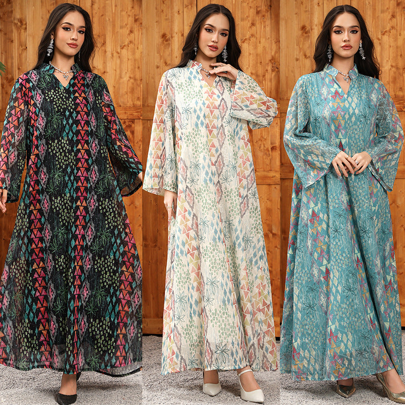 Besticktes Langarm-Freizeitkleid mit Print
