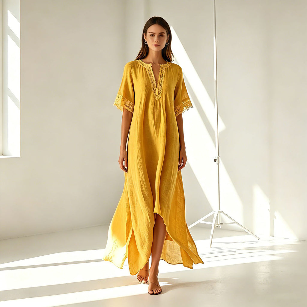 Boho Midi-Kleid mit V-Ausschnitt & Schlitz | LuxeStyle