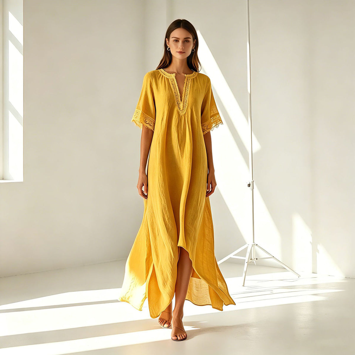 Boho Midi-Kleid mit V-Ausschnitt & Schlitz | LuxeStyle