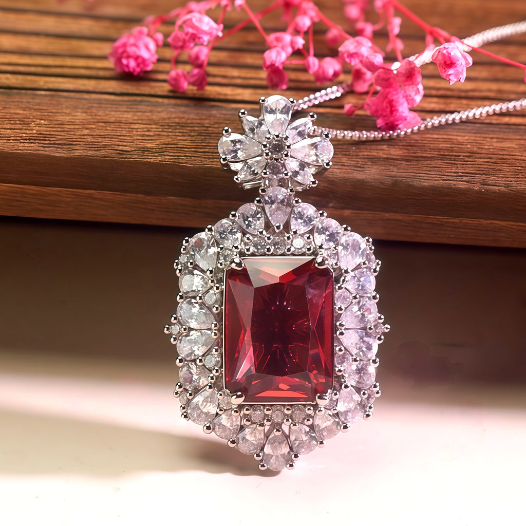 Weißgold-Plattiertes Cushion-Cut Rubin CZ Halsketten
