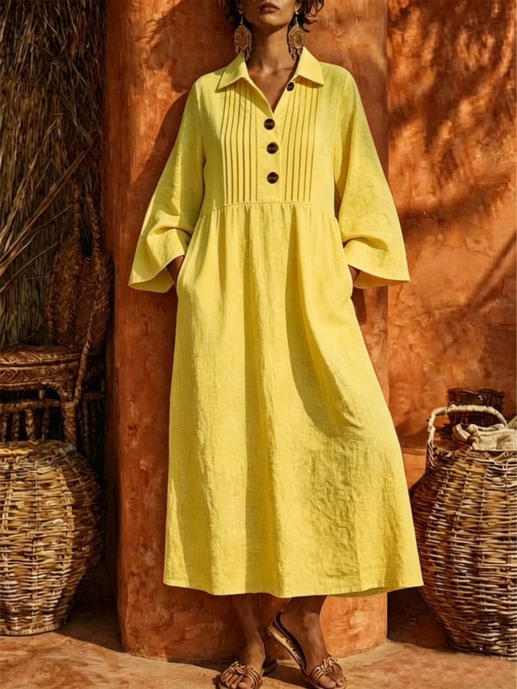 Langes V-Neck Freizeitkleid mit Knopfleiste – Bild 4 | LuxeStyle