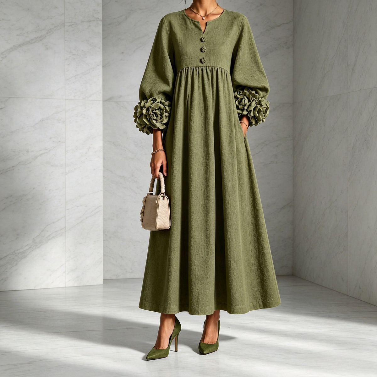 Einfarbiges Damenkleid mit Puffärmel und V-Ausschnitt – Bild 2 | LuxeStyle