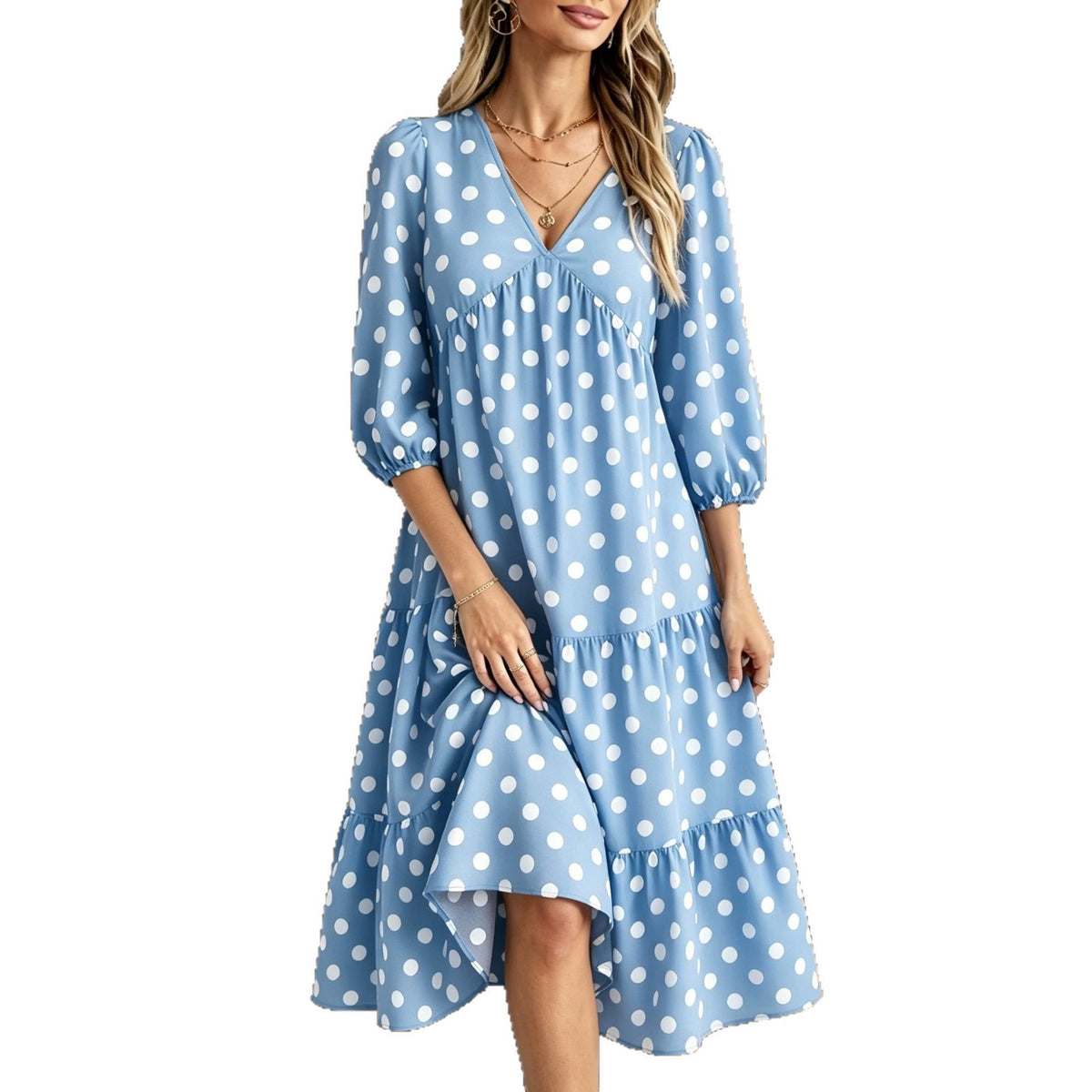 Gepunktetes V-Ausschnitt Freizeitkleid mit 3/4-Ärmeln – Bild 11 | LuxeStyle