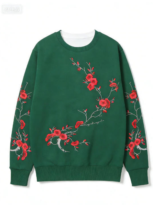 Schwarzes Sweatshirt mit rotem Pflaumenmuster