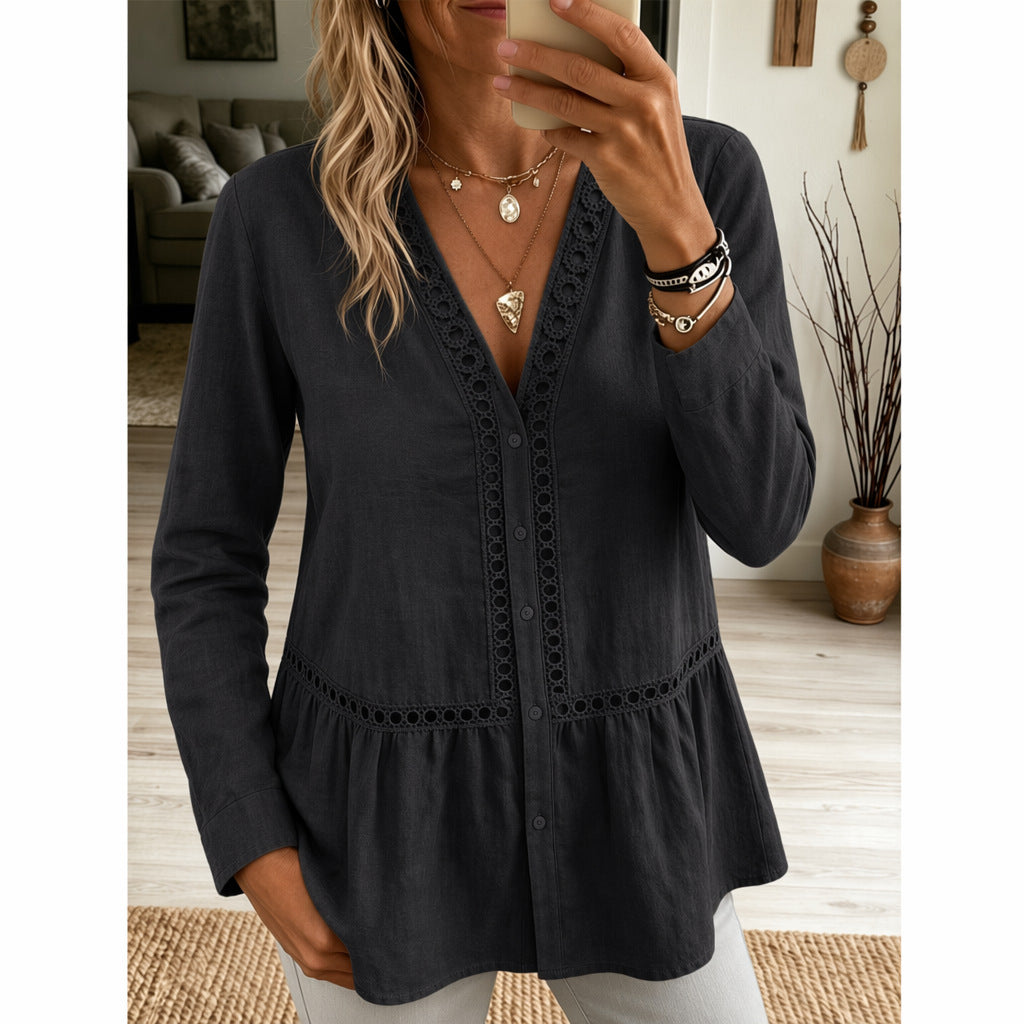 Casual Einfarbiges Langarm-Shirt mit Spitzendesign