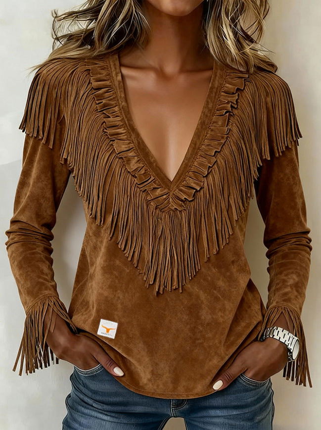 Damenbluse aus Wildlederimitat mit V-Ausschnitt – Bild 4 | LuxeStyle
