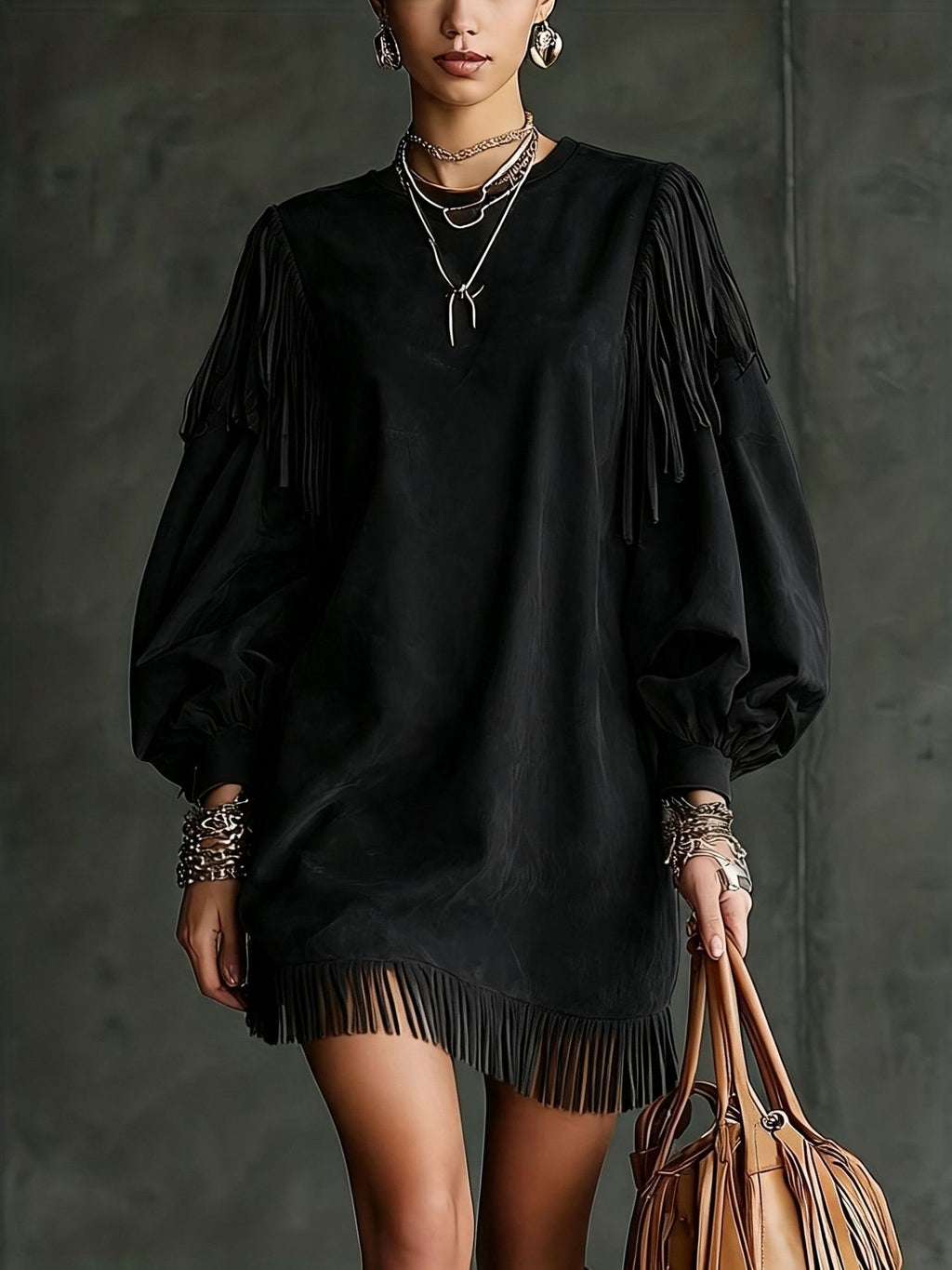 Damen Kurzarmkleid mit Lanternenärmeln und Fransen