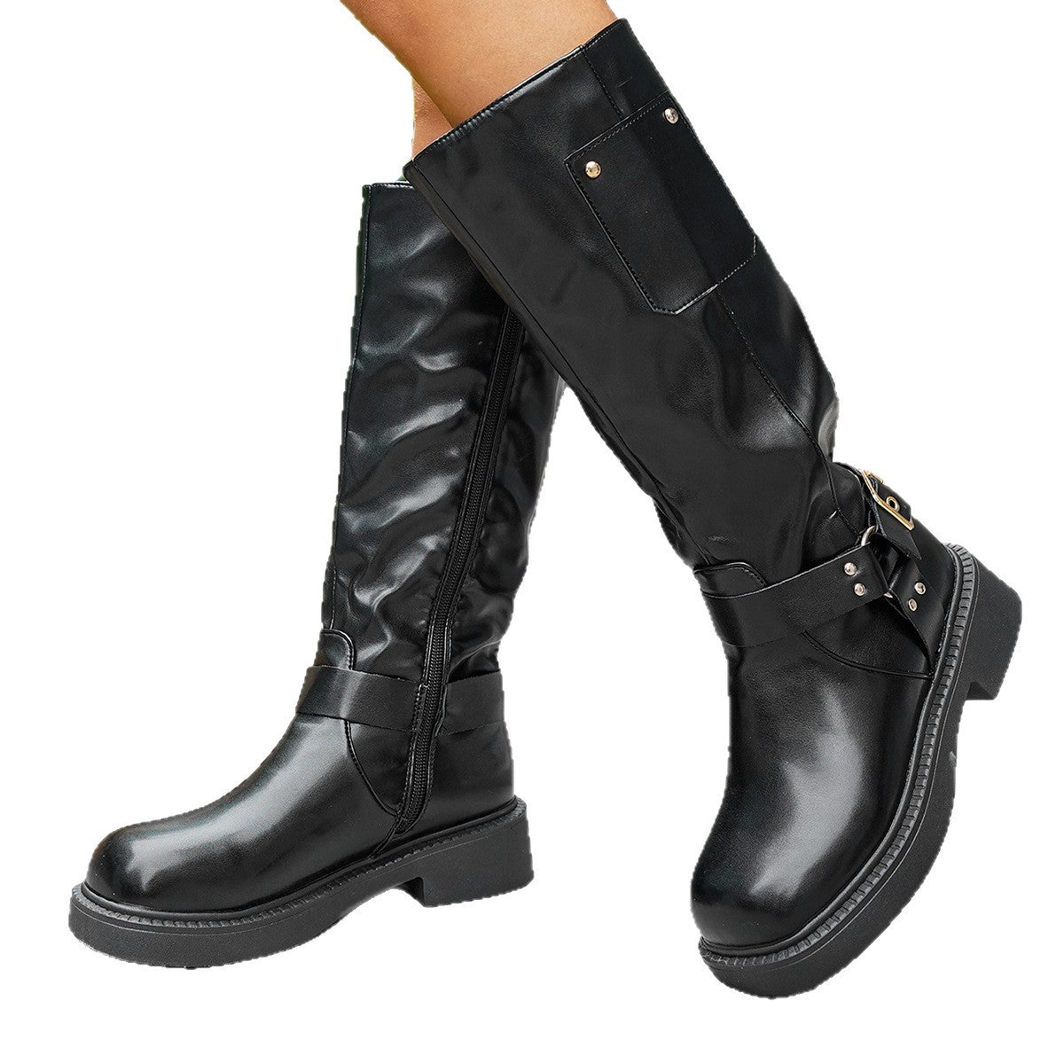 Knielange Denimstiefel mit Metall Gürtelverschluss und Blockabsatz