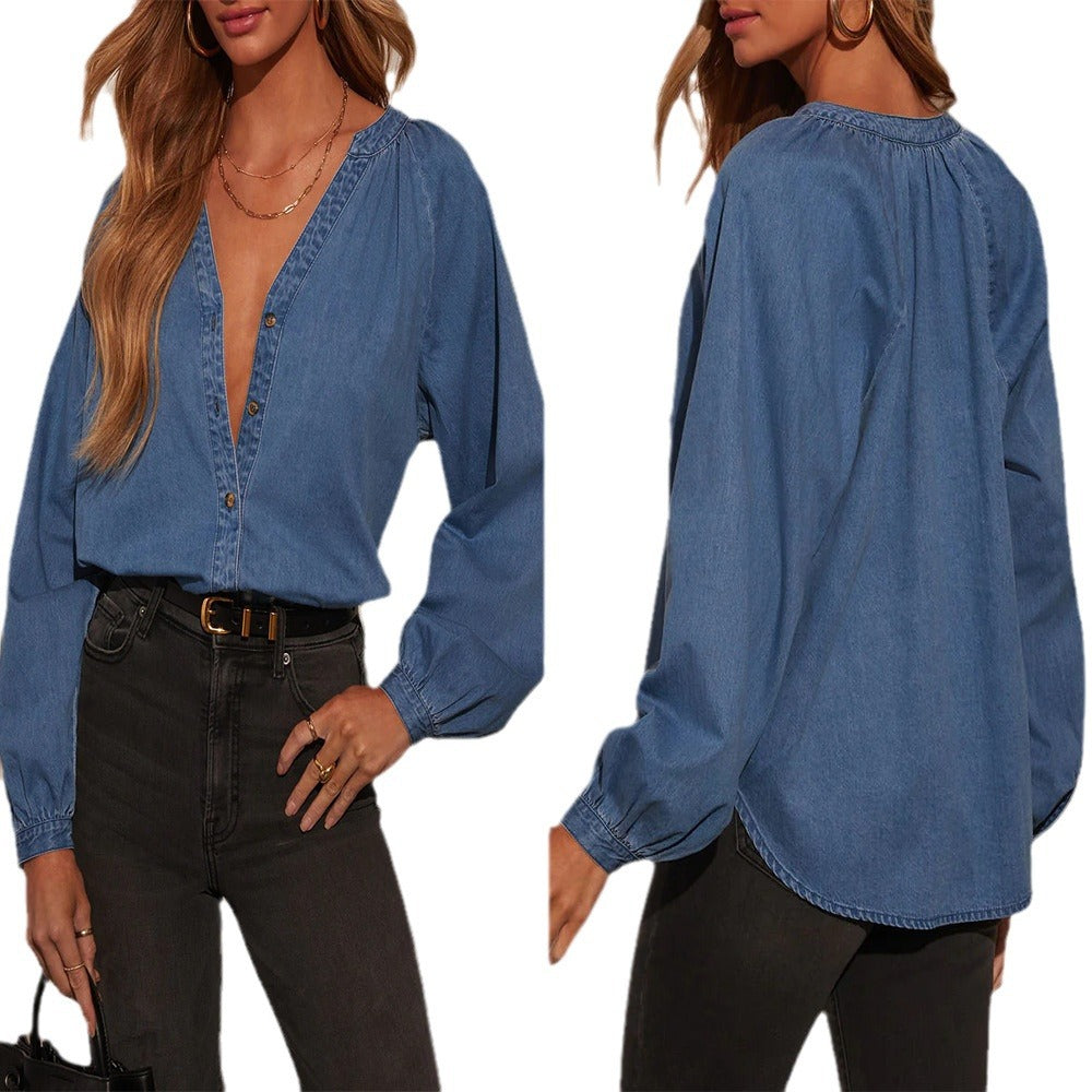 Lässiges Denim-Langarmshirt mit V-Ausschnitt