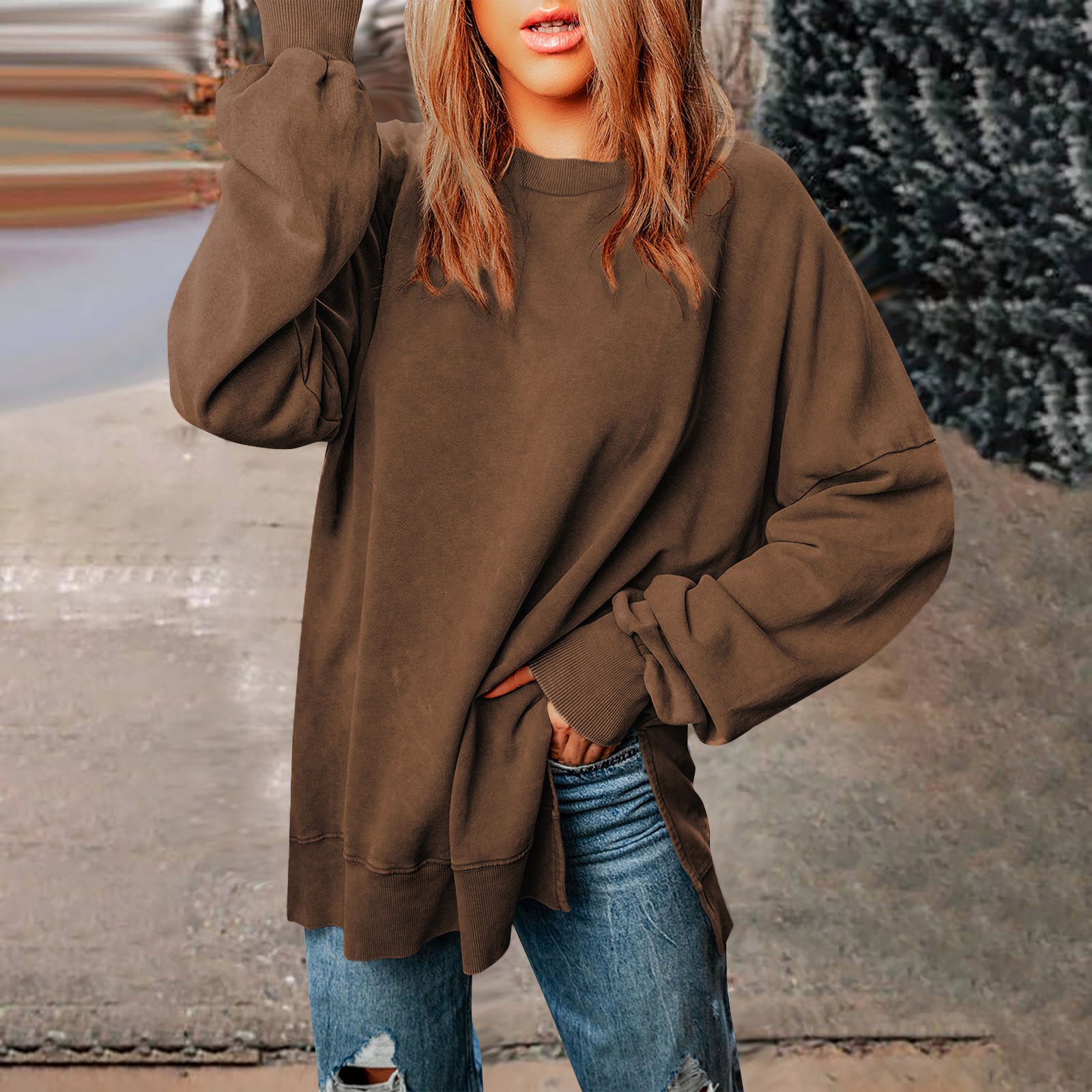 Unifarbener Pullover mit Rundhalsausschnitt