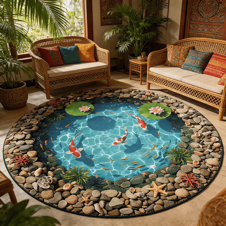 Runder Badevorleger mit Lotus-Teich & Koi-Design