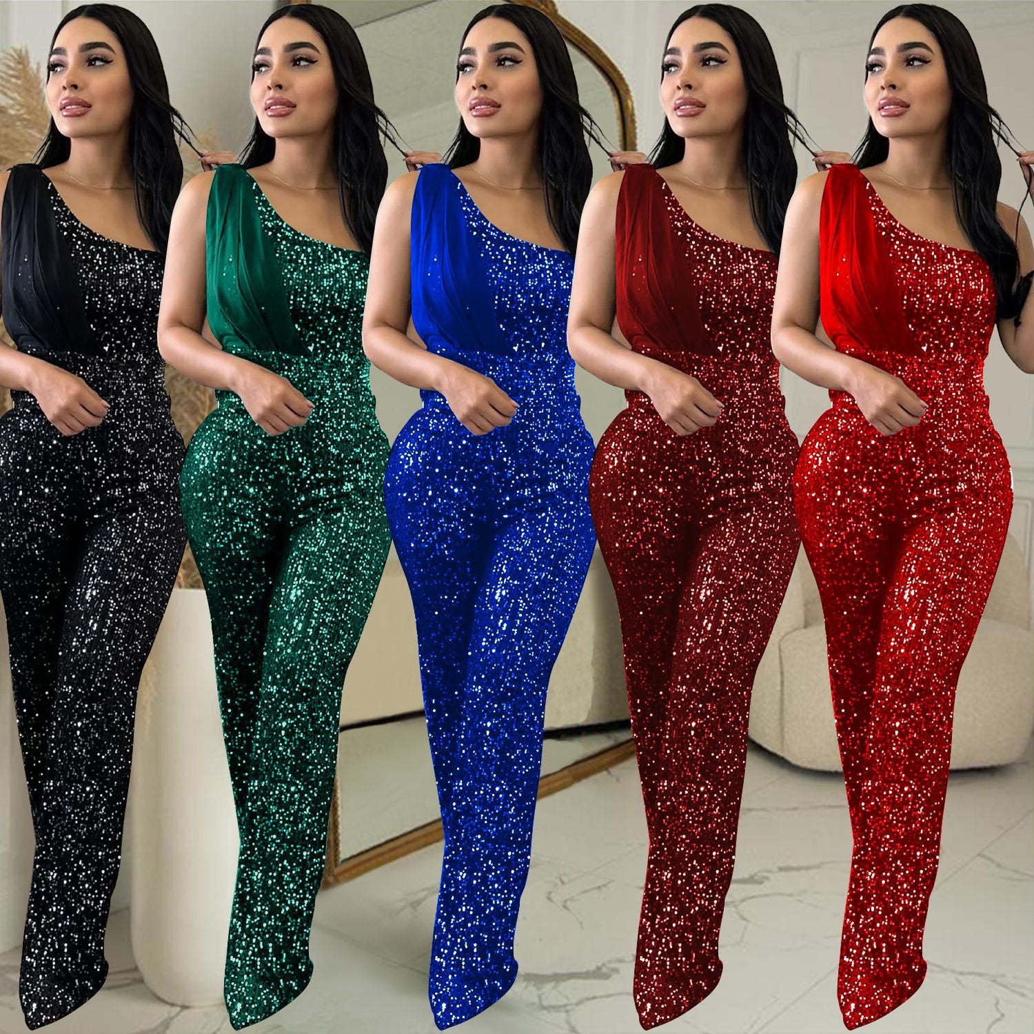 Eleganter Pailletten-Jumpsuit mit One-Shoulder