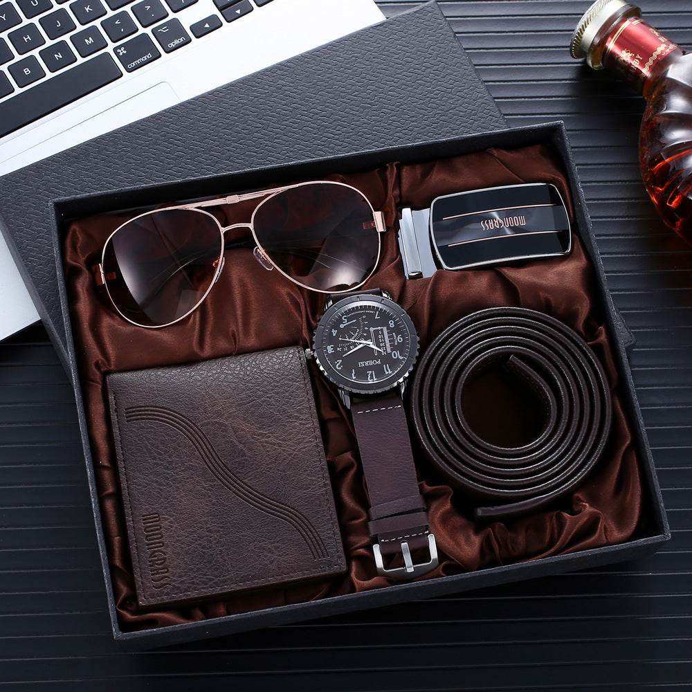Geschenkset: Uhr, Portemonnaie, Gürtel, Brille