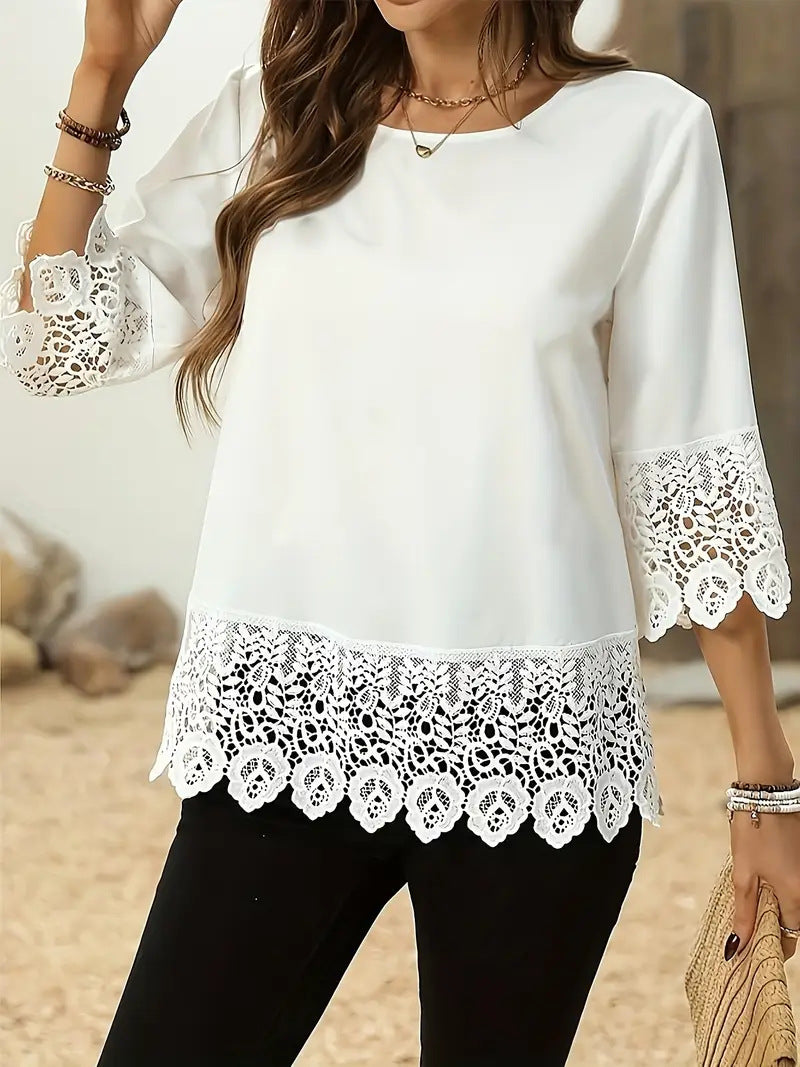 Spitzenbesetztes Patchwork T-Shirt mit Rundhals – Ansicht 4