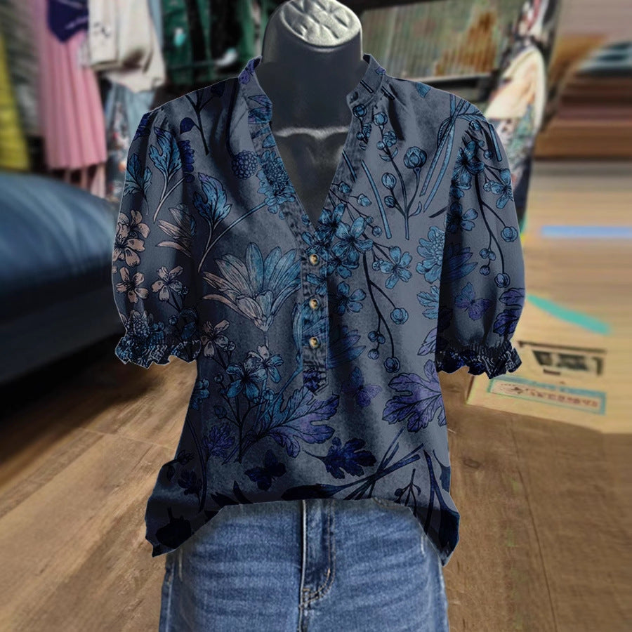 Geblümtes V-Neck Shirt mit Rüschenärmeln – Bild 3 | LuxeStyle