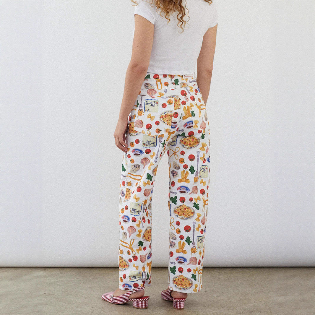 Bedruckte Denim-Hose mit weitem Bein