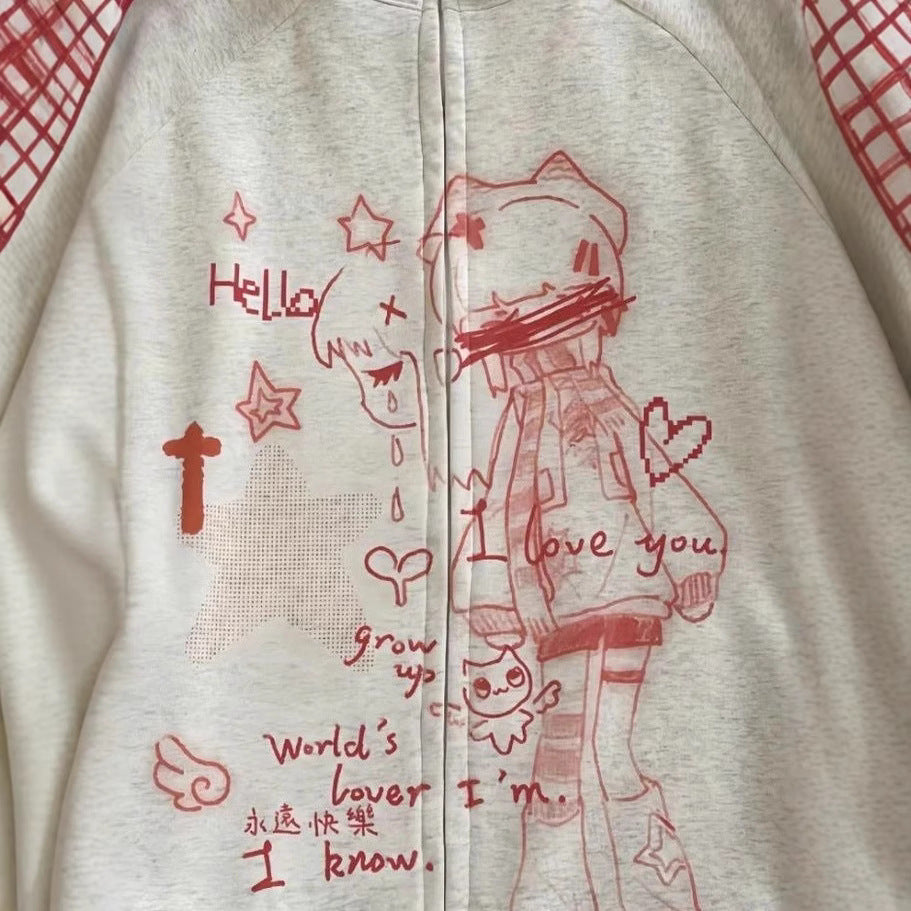 Gestreifter Anime-Print Hoodie mit Reissverschluss