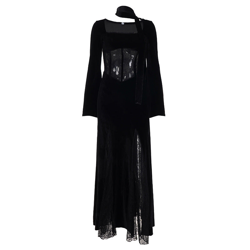 Schwarzes Samtkleid mit hoher Taille und Spitzeneinlage – Bild 6 | LuxeStyle