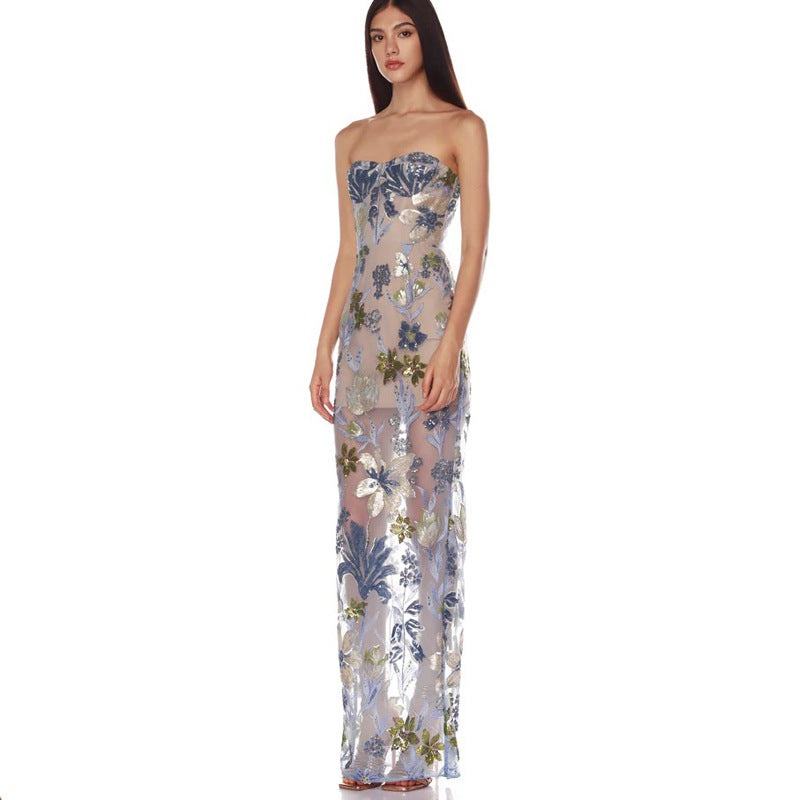 Besticktes, trägerloses Maxikleid mit Blumenmuster | LuxeStyle