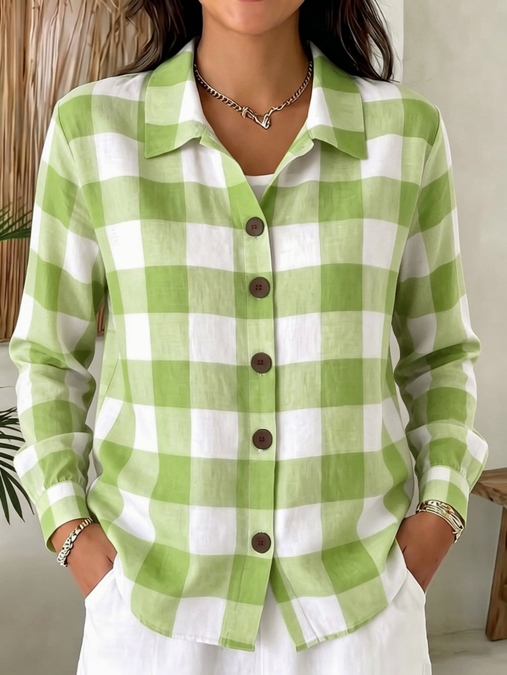 Bequeme Damen Langarm-Plaid-Shirt mit Knöpfen